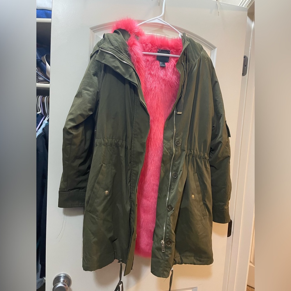 Forever 21 Olive Green Parka with Pink Faux Fur Lining